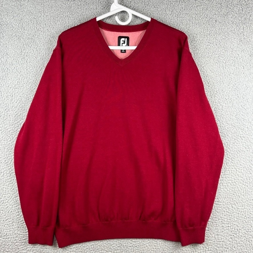 Footjoy Golf Sweater Mens Large Solid Red 100% Wool Long Sleeve V Neck Shirt